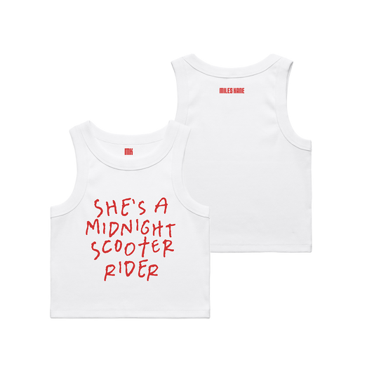 She's A Midnight Scooter Rider | White Cropped Tank Top