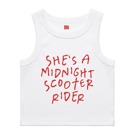She's A Midnight Scooter Rider | White Cropped Tank Top