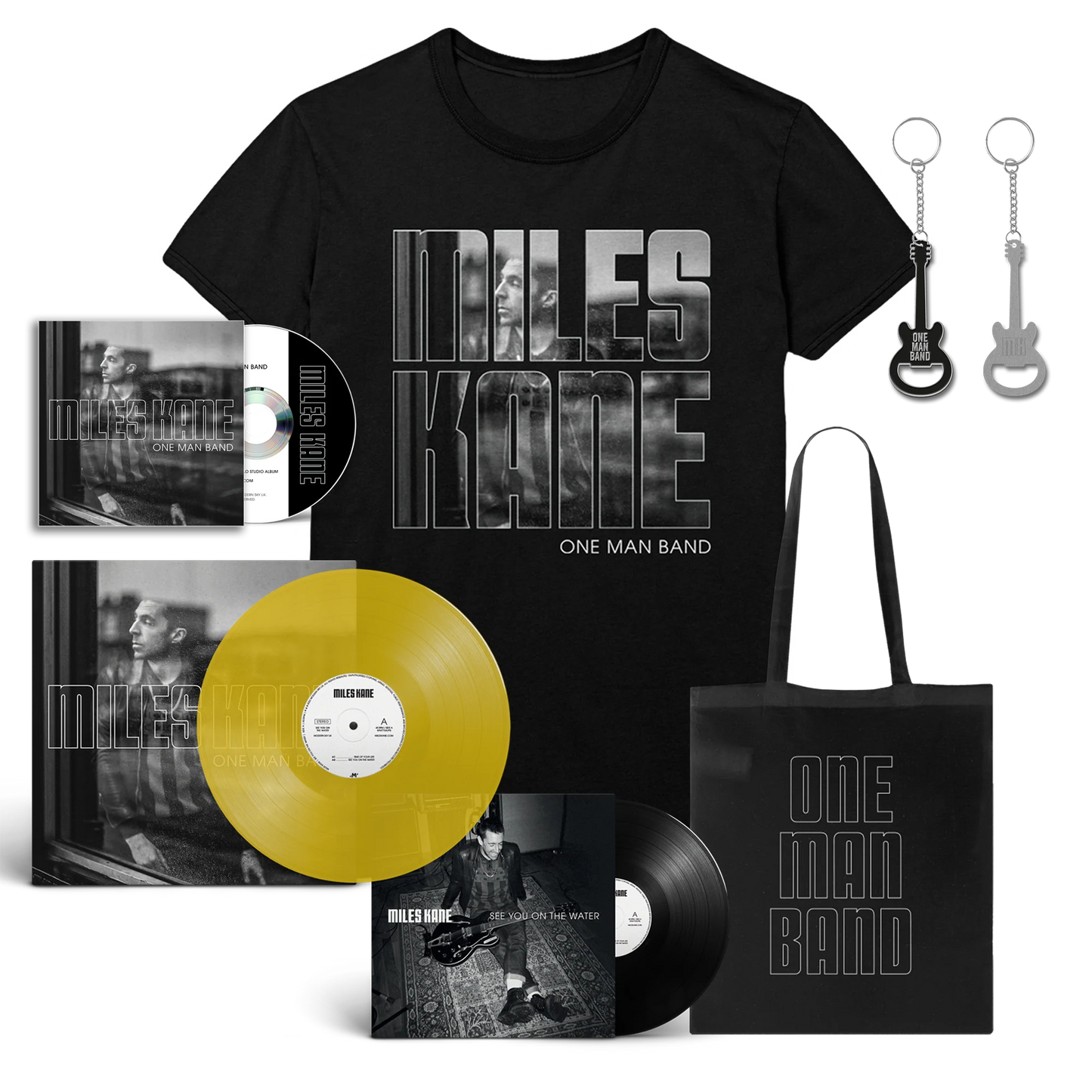 BLACK T-SHIRT, TOTE, BOTTLE OPENER, YELLOW VINYL AND CD BUNDLE